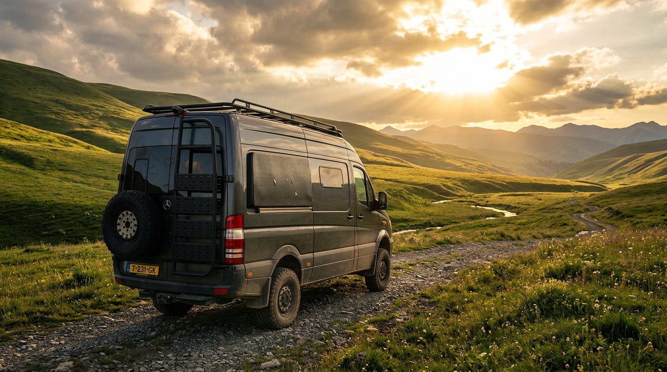 The Beast Mercedes Sprinter 4x4 expeditiecamper in berglandschap